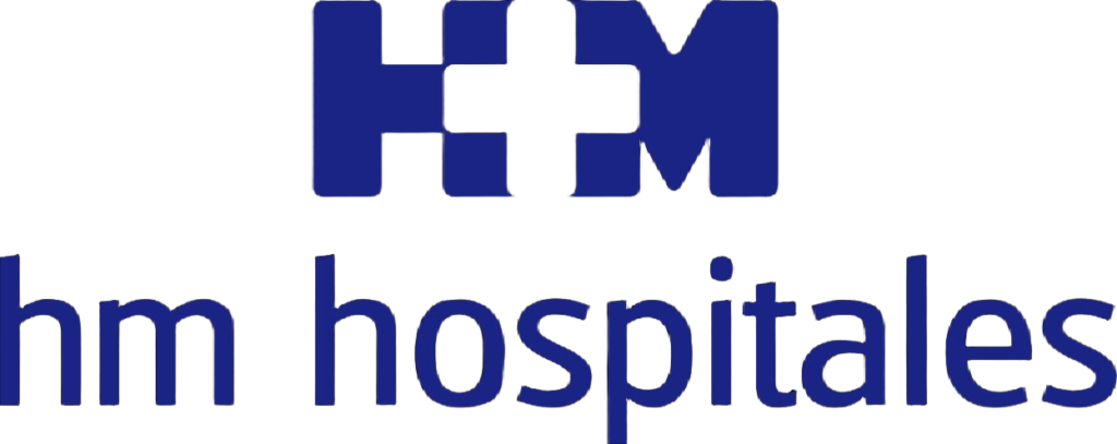 Logo de HM Hospitales en color azul sobre fondo negro