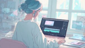 Ilustración digital de una persona trabajando en una laptop moderna