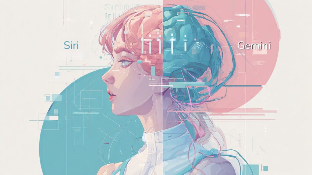 Ilustración de una mujer con elementos tecnológicos representando Siri y Gemini