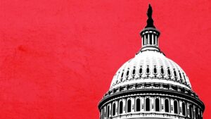 Vista del Capitolio de Estados Unidos con fondo rojo