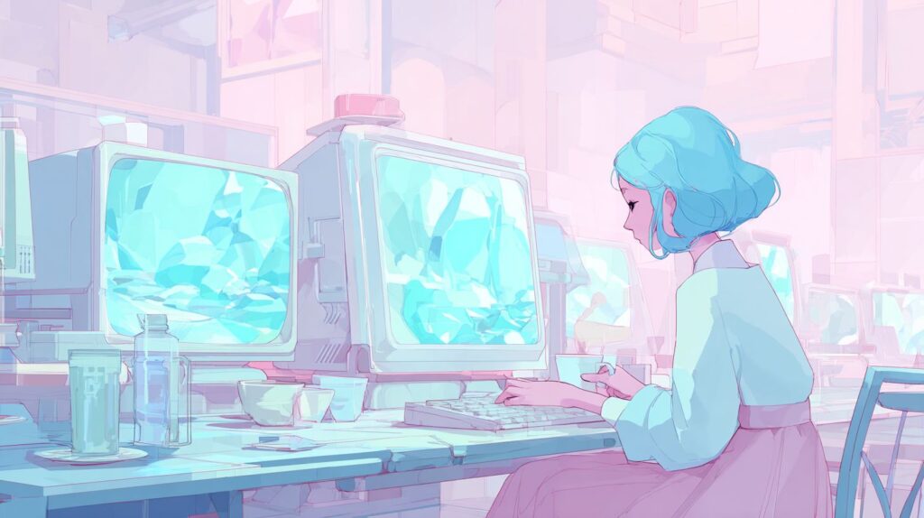 Ilustración digital de una mujer usando una computadora en un entorno moderno
