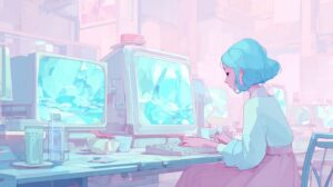 Ilustración digital de una mujer usando una computadora en un entorno moderno
