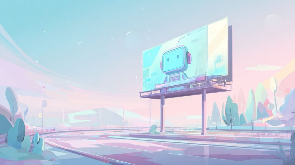 Ilustración digital de un cartel publicitario con un robot en un paisaje moderno