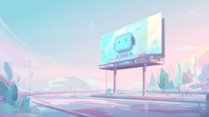 Ilustración digital de un cartel publicitario con un robot en un paisaje moderno