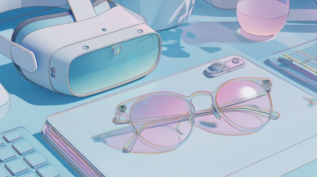 Ilustración digital de gafas inteligentes y un visor de realidad virtual sobre una mesa.