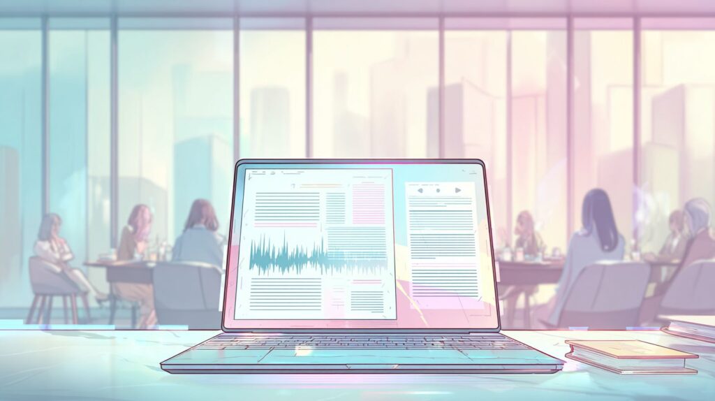 Ilustración digital de un laptop mostrando herramientas de IA en un entorno moderno.