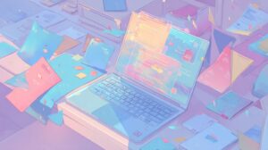 Ilustración digital de una laptop rodeada de documentos y archivos coloridos