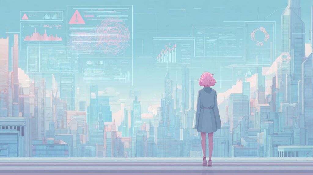Ilustración digital de una mujer observando gráficos en una ciudad futurista.