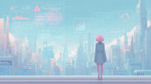 Ilustración digital de una mujer observando gráficos en una ciudad futurista.