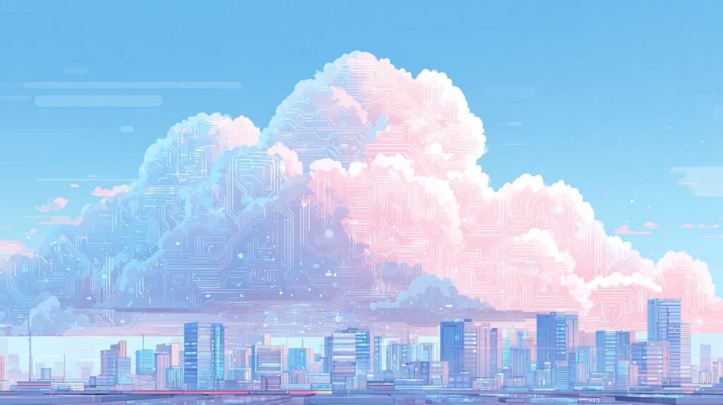 Ilustración digital de nubes con circuitos en un cielo azul