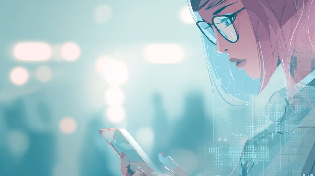 Ilustración digital de una mujer usando un dispositivo móvil en un entorno moderno