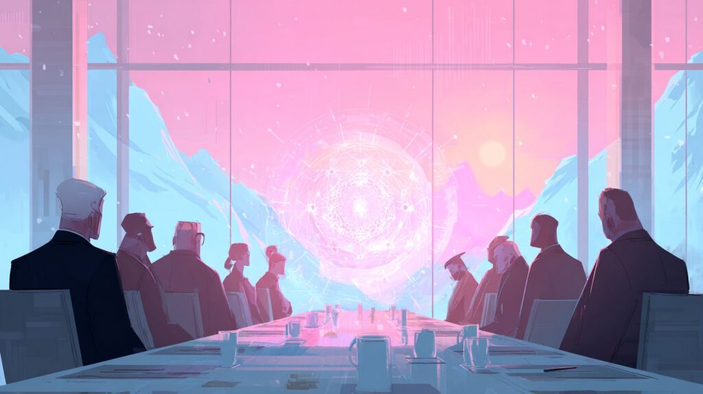 Ilustración digital de una reunión sobre inteligencia artificial en un entorno moderno