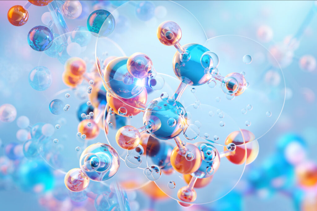 Representación gráfica de moléculas y materiales complejos en investigación científica.