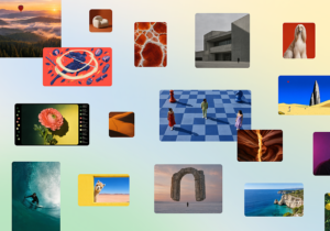 Composición gráfica de escenas y objetos variados en recuadros sobre fondo degradado