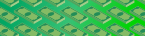 Ilustración de billetes verdes dispuestos en diagonal sobre un fondo verde brillante.