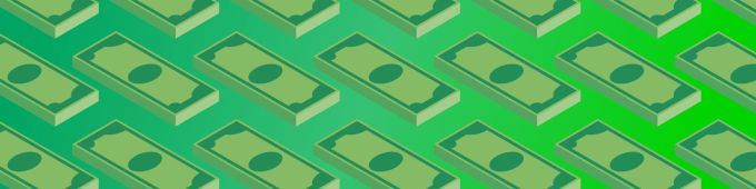 Ilustración de billetes verdes dispuestos en diagonal sobre un fondo verde brillante.