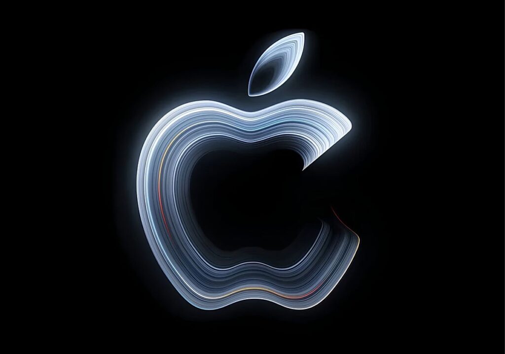 Ilustración del logotipo de Apple formado por líneas luminosas sobre fondo negro