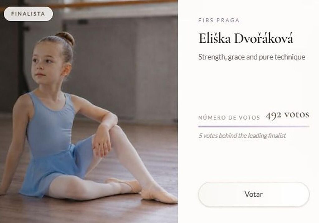 Composición de votación con una joven vestida de ballet y un botón para votar.