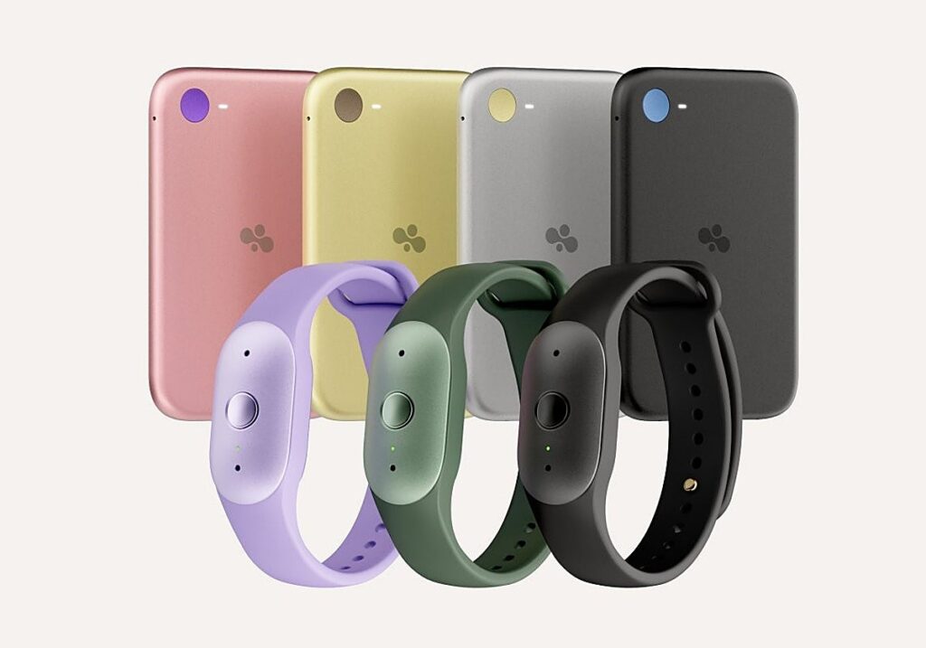 Render de pulseras y dispositivos rectangulares de Bee en varios colores.